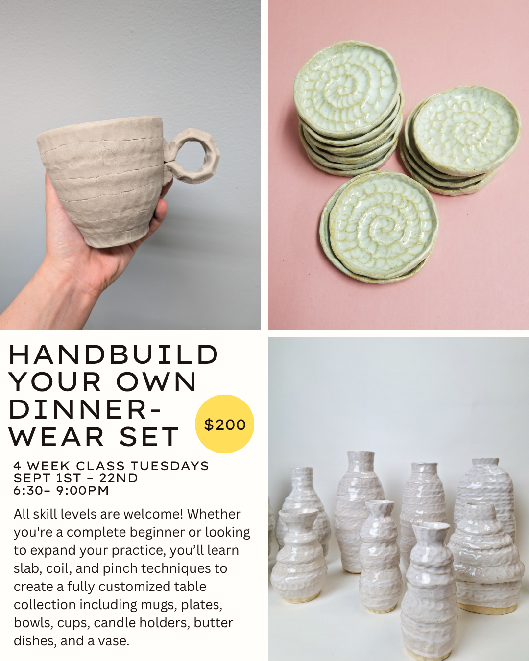 Four Week Course: Dinnerware Sets (9/1-9/22)6:30pm-9pm